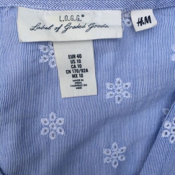 H&M boho peasant blouse blue white pinstripe eyelet lace up front long sleeve L​ - Picture 7 of 9